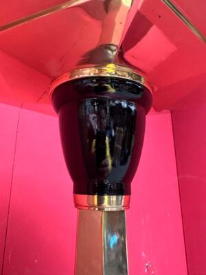 Paschal Candle Holder. Signed : Vandenhoute Anderlecht. Measures Without Pin. style art - deco en Bronze / Polished and Varnished / Ebony Wood., Belgium  20 th century ( Anno 1930 )