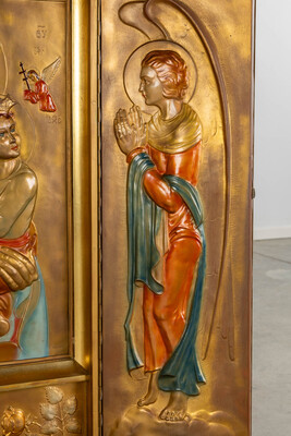 Triptych St. Mary With Child. Hand - Painted Imaginations  style Art Nouveau  en Repousse Copper / Hand - Painted Imaginations , Belgium  20 th century