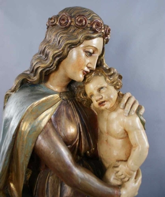 St. Mary With Child style Baroque en hand-carved wood polychrome, Southern Germany 20th century