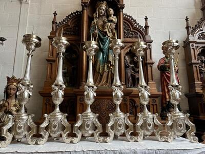 Altar -Set 6 Matching Large Candle Sticks Height Without Pin: 115 Cm ! style Baroque - Style en Brass / Silver Plated , Belgium  18 th century ( Anno 1780 )