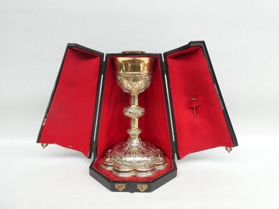 Chalice With Original Case Paten & Spoon. style Baroque - Style en Full - Silver, Belgium  19 th century