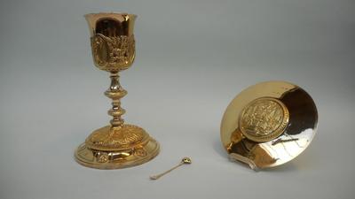 Chalice With Original Paten & Spoon. style Baroque - Style en Full - Silver Gilt, Belgium 19 th century