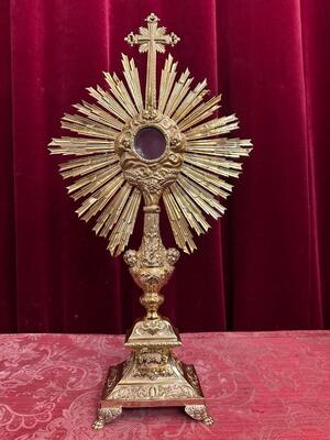 Monstrance. Full Silver. With Original Lunula style Baroque - Style en Full - Silver / Polished & Varnished Silver Marks Present / Glass, Belgium  19 th century ( Anno 1855 )