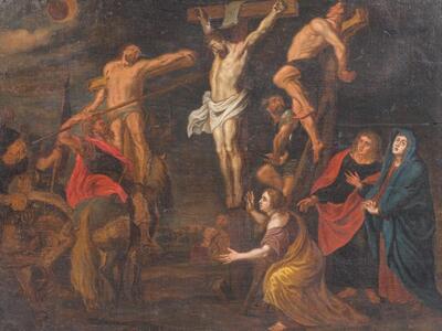 Painting Golgotha - Scene  style Baroque - Style en Painted on Linen / Wooden Frame, Flemish Belgium 18 th century