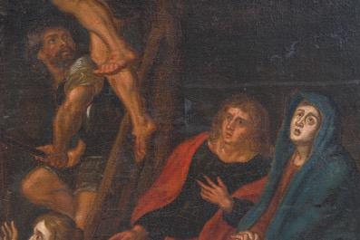 Painting Golgotha - Scene  style Baroque - Style en Painted on Linen / Wooden Frame, Flemish Belgium 18 th century