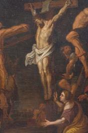 Painting Golgotha - Scene  style Baroque - Style en Painted on Linen / Wooden Frame, Flemish Belgium 18 th century