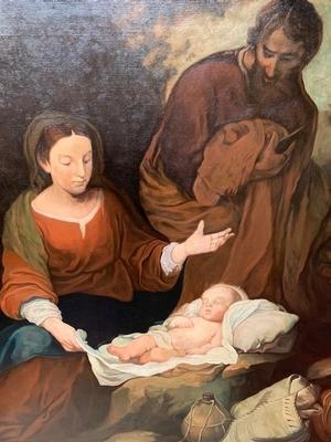 Painting Nativity  Signed: Murillo style Baroque - Style en Painted On Canvas / Linen, Belgium  19 th century ( Anno 1875 )
