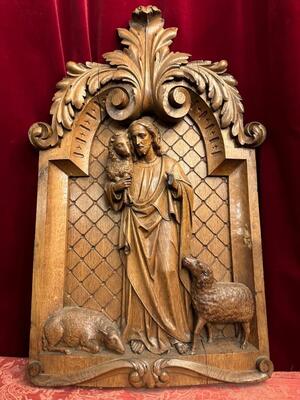 Relief Jesus The Good Shepherd. style Baroque - Style en Hand - Carved Wood Oak, Breda Netherlands 19 th century ( Anno 1845 )