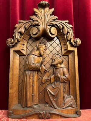 Relief St. Francis Meets St. Conrad. style Baroque - Style en Hand - Carved Wood Oak, Breda Netherlands 19 th century ( Anno 1845 )