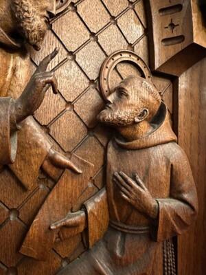 Relief St. Francis Meets St. Conrad. style Baroque - Style en Hand - Carved Wood Oak, Breda Netherlands 19 th century ( Anno 1845 )