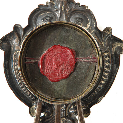 Reliquary - Relic Ex Ossibus St. Thomas Of Aquino style Baroque - Style en Silver / Glass / Originally Sealed, 18 th century