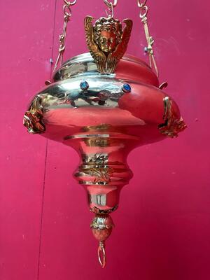 Sanctuary Lamp style Baroque - Style en Brass / Bronze / Polished and Varnished / Stones, Belgium  19 th century ( Anno 1825 )