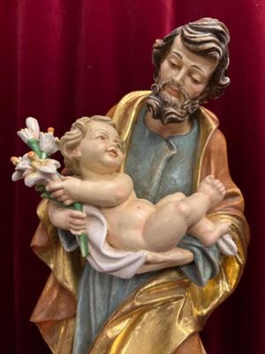 Sculpture St. Joseph & Child style Baroque - Style en Hand - Carved Wood Polychrome / Gilt, Italy 20 th century