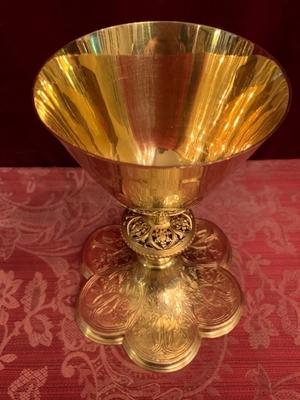 Chalice Brass Gilt Silver Cuppa With Original Case Spoon And Paten en Brass / Gilt / Silver , Belgium 20th century (Anno 1930)