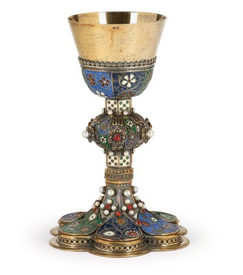 Chalice Weight : 1100 Gr. Higher Price Range ! en silver / emaille / pearls / Turquoise, faceted glass stones, BUDAPEST – HUNGARY 20th century