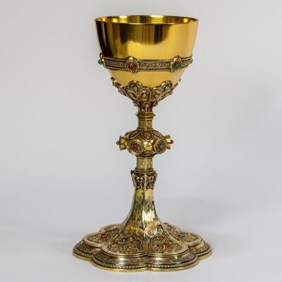 Chalice  style Classicistic en Full - Silver / Gilt / semi-precious stones / Silver Marks Present, Belgium  19 th century