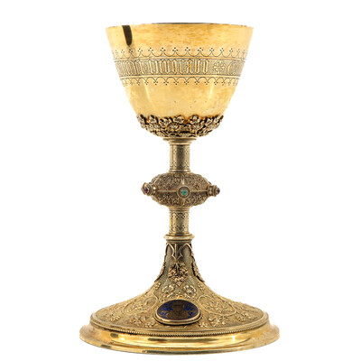 Chalice With Original Paten. By : Bourdon Gent Belgium. Full Silver. style Gothic  en Full Silver./ Gilt / Stones / Enamel, Gent - Belgium 19th century