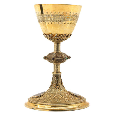 Chalice With Original Paten. By : Bourdon Gent Belgium. Full Silver. style Gothic  en Full Silver./ Gilt / Stones / Enamel, Gent - Belgium 19th century