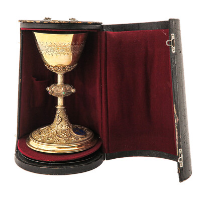 Chalice With Original Paten. By : Bourdon Gent Belgium. Full Silver. style Gothic  en Full Silver / Gilt / Stones / Enamel, Gent - Belgium 19th century