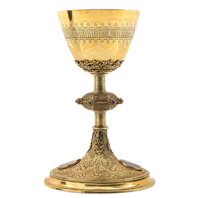 Chalice With Original Paten. By : Bourdon Gent Belgium. Full Silver. style Gothic  en Full Silver / Gilt / Stones / Enamel, Gent - Belgium 19th century