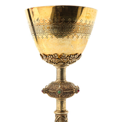 Chalice With Original Paten. By : Bourdon Gent Belgium. Full Silver. style Gothic  en Full Silver / Gilt / Stones / Enamel, Gent - Belgium 19th century