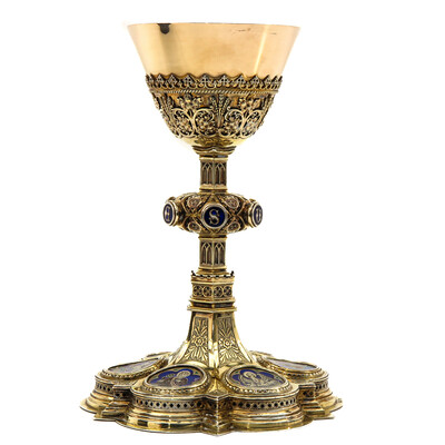 Chalice With Original Paten & Case. Full Silver. style Gothic  en Full - Silver Silver Marks and Stamps Present / Enamel / Silver, 800/1000, Belgium 19th century