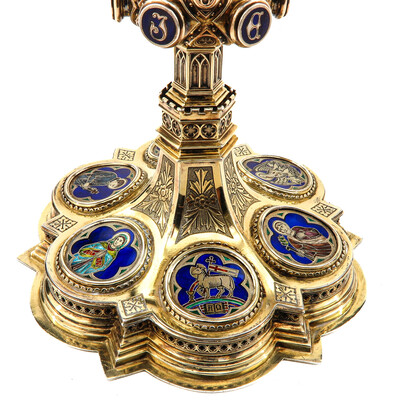 Chalice With Original Paten & Case. Full Silver. style Gothic  en Full - Silver Silver Marks and Stamps Present / Enamel / Silver, 800/1000, Belgium 19th century