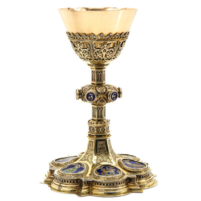 Chalice With Original Paten & Case. Full Silver. style Gothic  en Full - Silver Silver Marks and Stamps Present / Enamel / Silver, 800/1000, Belgium 19th century