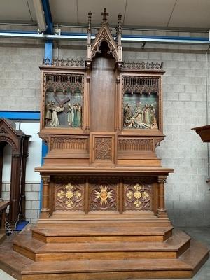 Altar Measures Without Steps. Relief Panels All Wood. style Gothic - style en Oak wood, Izegem Belgium 19th century