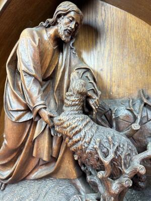 Architectural Ornament Depicting Jesus And The Sheep style Gothic - Style en Oak wood, Netherlands  19 th century ( Anno 1875 )