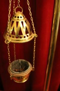 Censor - Stand Complete. Censer And Boat Incl Spoon. Slice Base 30 Cm. style Gothic - style en Brass / Bronze, Belgium 19th century