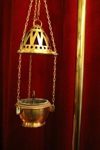 Censor - Stand Complete. Censer And Boat Incl Spoon. Slice Base 30 Cm. style Gothic - style en Brass / Bronze, Belgium 19th century
