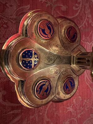 Chalice By: Bourdon Gent style Gothic - Style en Full - Silver / Silver Marks Present / Enamel / Stones, Gent - Belgium  19 th century ( Anno 1875 )