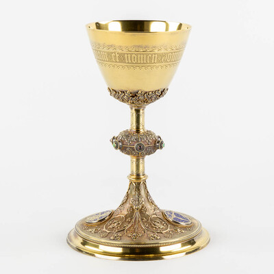 Chalice By : Bourdon Gent Belgium  style Gothic - Style en Full - Silver / Silver Marks 800/1000  Present / Stones, Gemt - Belgium  19 th century