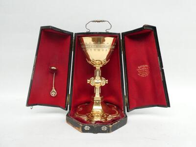 Chalice By:  Heursel. With Original Case Paten & Spoon. style Gothic -Style  en Full -Silver, Courtrai - Belgium  19th