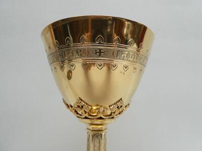 Chalice By:  Heursel. With Original Case Paten & Spoon. style Gothic -Style  en Full -Silver, Courtrai - Belgium  19th