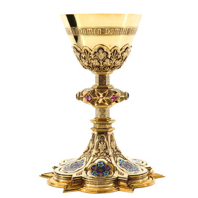 Chalice Complete With Paten Spoon And Original Case style Gothic - Style en Full - Silver / Stones / Enamel, Belgium  19 th century