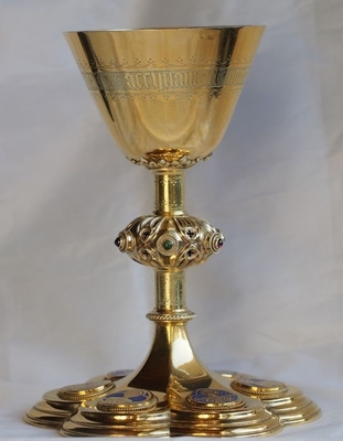 Chalice Complete With Paten Spoon And Original Case Signed : Bourdon style Gothic - style en full silver / enamel medalions, Belgium 19th century