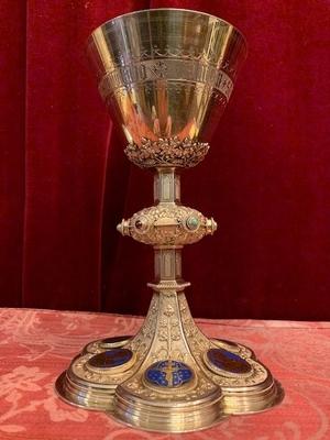 Chalice Original Paten Spoon And Case. Signed : Bourdon  style Gothic - Style en Full - Silver (800) / Stones / Enamell Medallions , Belgium 19th century ( anno 1875 )