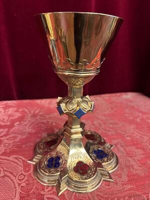 Chalice With Case style Gothic - Style en Brass / Full - Silver Cuppa / Enamel Aplications, Bruges - Belgium 19 th century