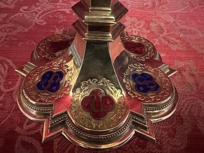 Chalice With Case style Gothic - Style en Brass / Full - Silver Cuppa / Enamel Aplications, Bruges - Belgium 19 th century