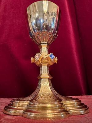 Chalice With Original Case style Gothic - Style en Brass / Gilt / Enamel / Silver Cuppa, Belgium  19 th century