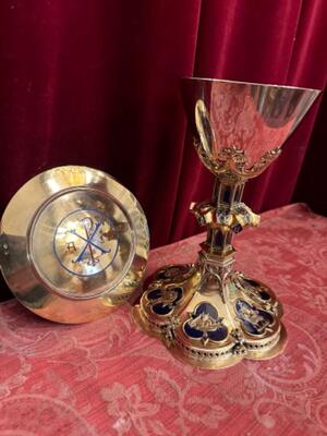 Chalice With Original Paten. Multiple Diamonds On The Base ! style Gothic - Style en Full - Silver / Silver Marks Present / Enamel / Polished & Varnished, Netherlands  19 th century ( Anno 1870 )