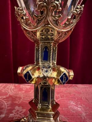 Chalice With Original Paten. Multiple Diamonds On The Base ! style Gothic - Style en Full - Silver / Silver Marks Present / Enamel / Polished & Varnished, Netherlands  19 th century ( Anno 1870 )