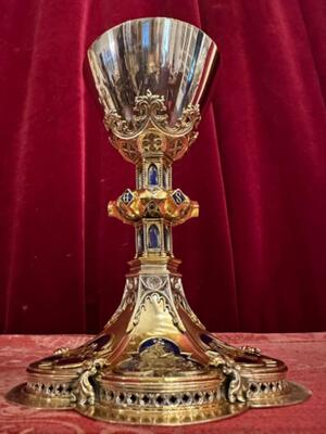 Chalice With Original Paten. Multiple Diamonds On The Base ! style Gothic - Style en Full - Silver / Silver Marks Present / Enamel / Polished & Varnished, Netherlands  19 th century ( Anno 1870 )