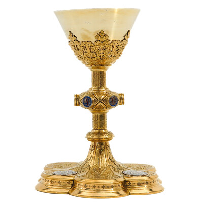 Chalice With Original Paten Spoon And Case  style Gothic - Style en Full Silver / Enamel, Belgium  19 th century