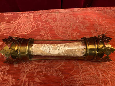 Classicistic Cylinder Reliquary - Relic Ex Ossibus St. Emerentianae style Gothic - style en Brass / Glass / Originally Sealed, Belgium  19 th century ( Anno 1885 )
