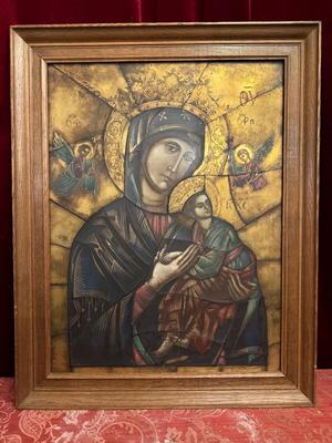 Depiction Of Our Lady Of Perpetual Help  style Gothic - Style en Glass / Wooden Frame, Stained Glass / Painted behind Glass Framed 20 th century ( Anno 1950 )