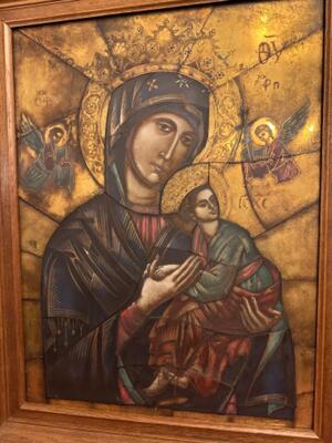 Depiction Of Our Lady Of Perpetual Help  style Gothic - Style en Glass / Wooden Frame, Stained Glass / Painted behind Glass Framed 20 th century ( Anno 1950 )