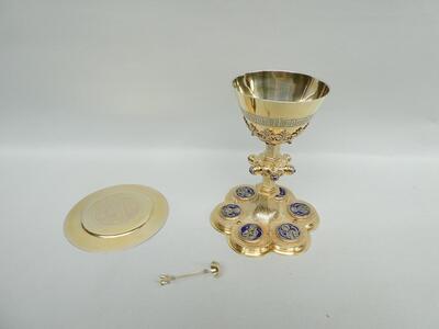 1 Gothic - Style Exceptional Chalice By Jean - Baptiste Van Damme - Bruges - Belgium With Original Paten, Spoon And Case